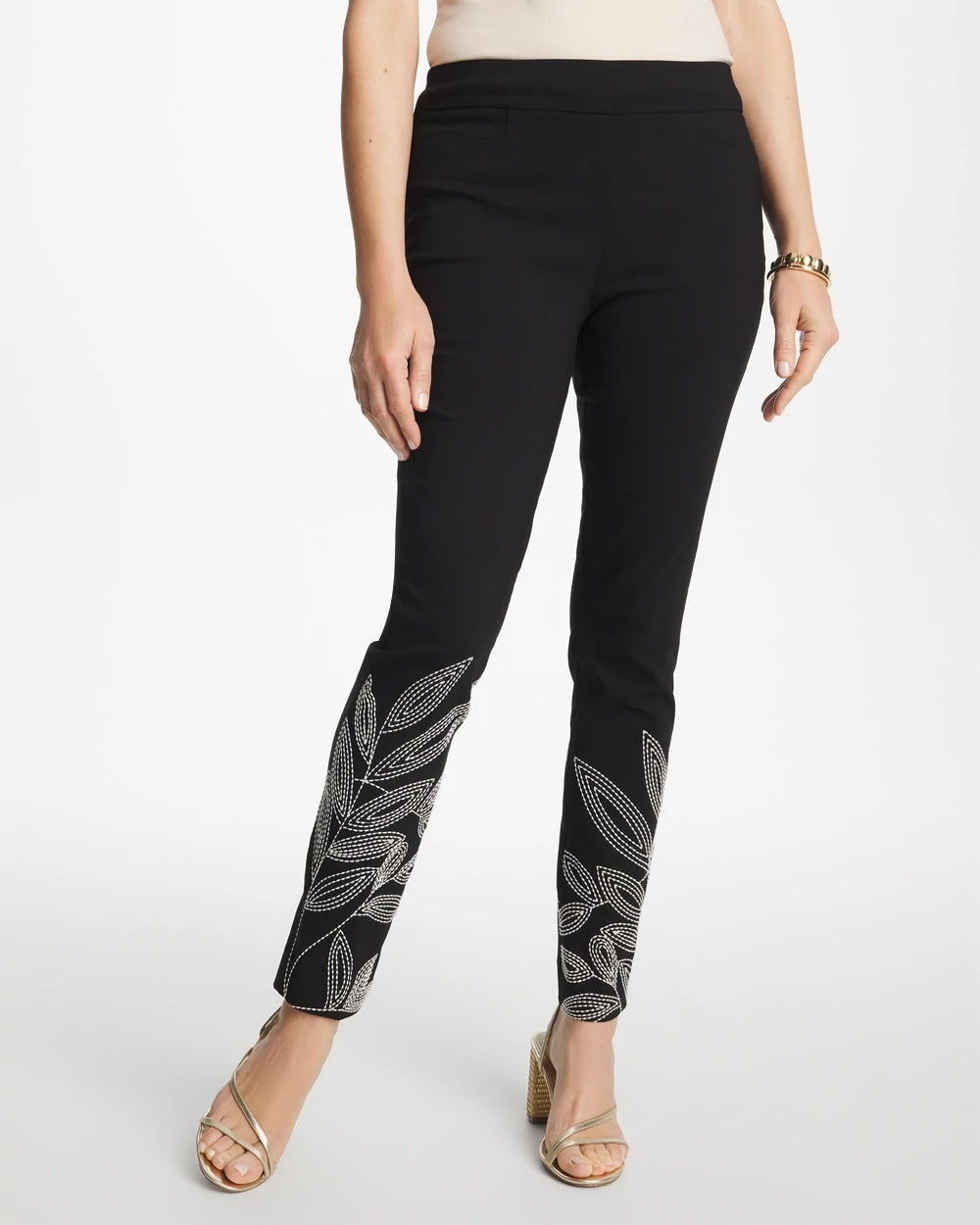 Chico's | Floral Soutache Brigitte™ Slim Pull-On Ankle Pants/ Black