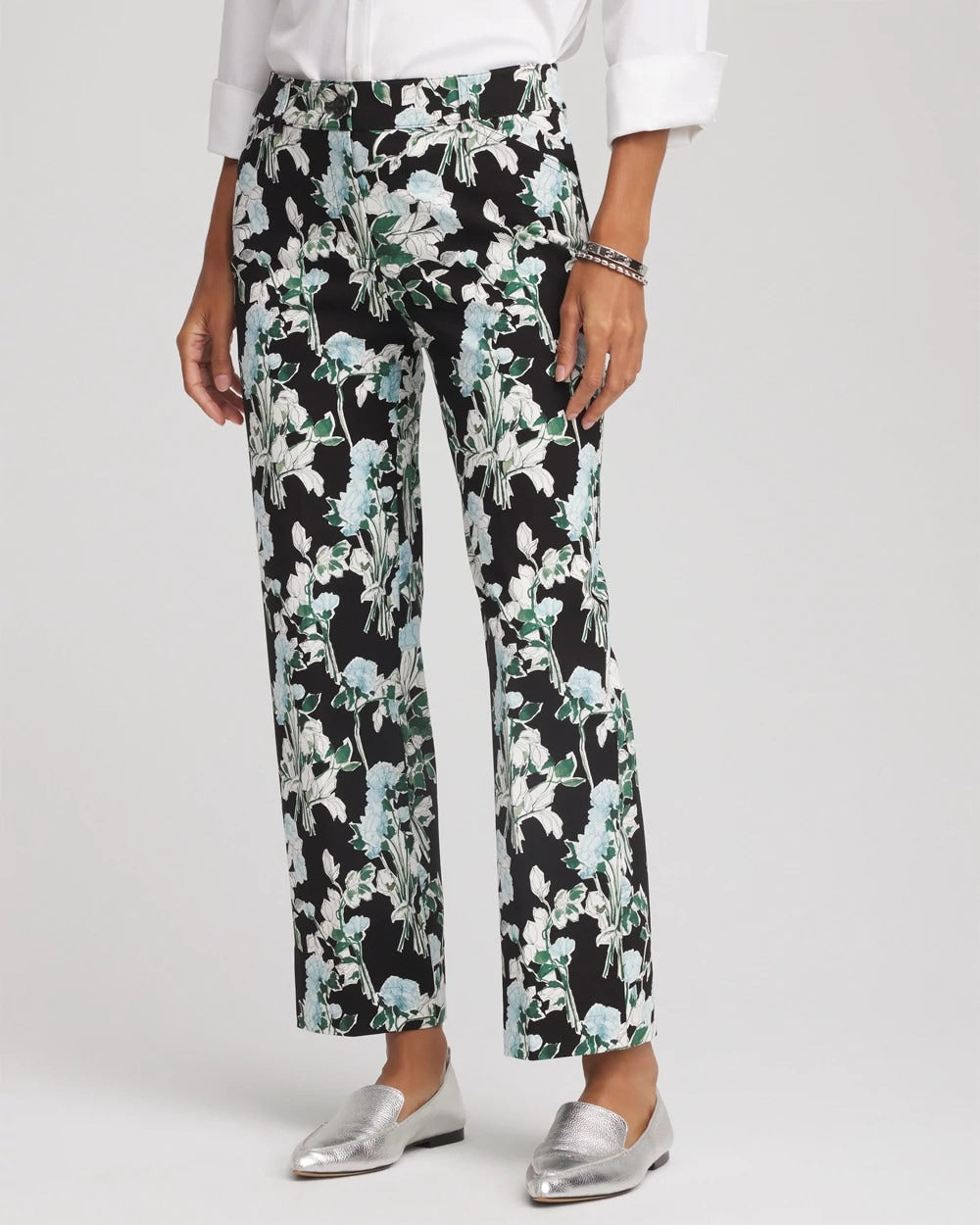 Chico's | Floral Emme Straight Ankle Pants/ Black