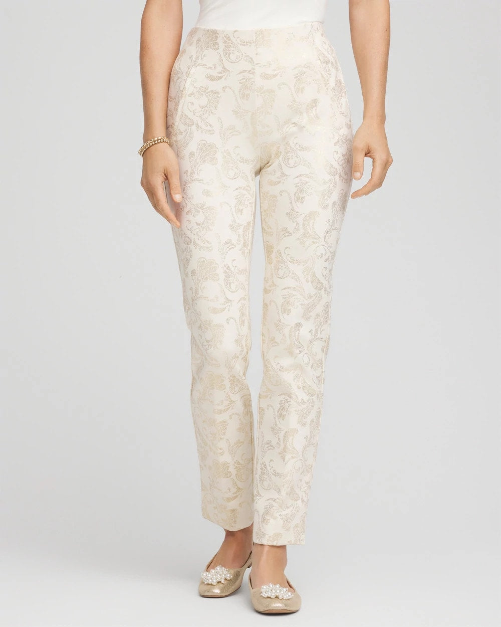 Chico's | Juliet Golden Foiled Slim Ankle Pants/ English Cream