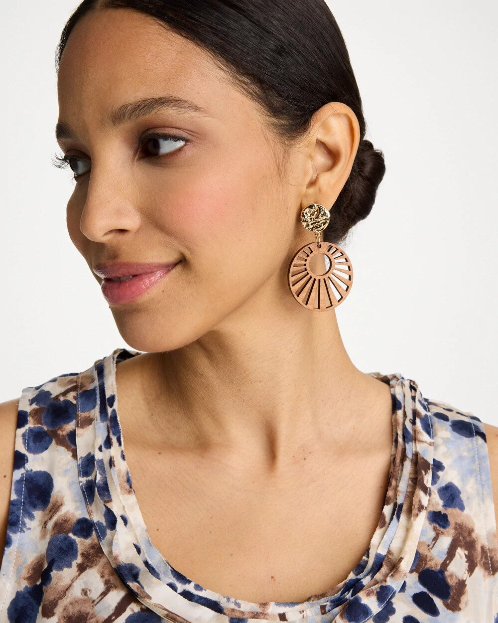 Chico's | Wood Carved Sun Drop Earrings/ Brown