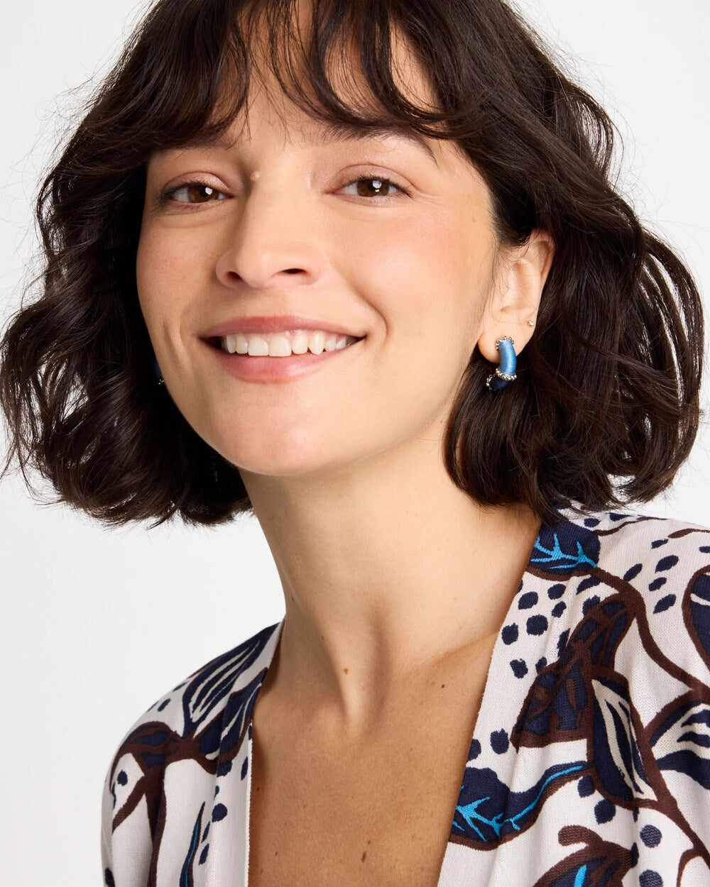 Chico's | Silvertone Two-Tone Threaded Hoop Earrings/ Blue Multi