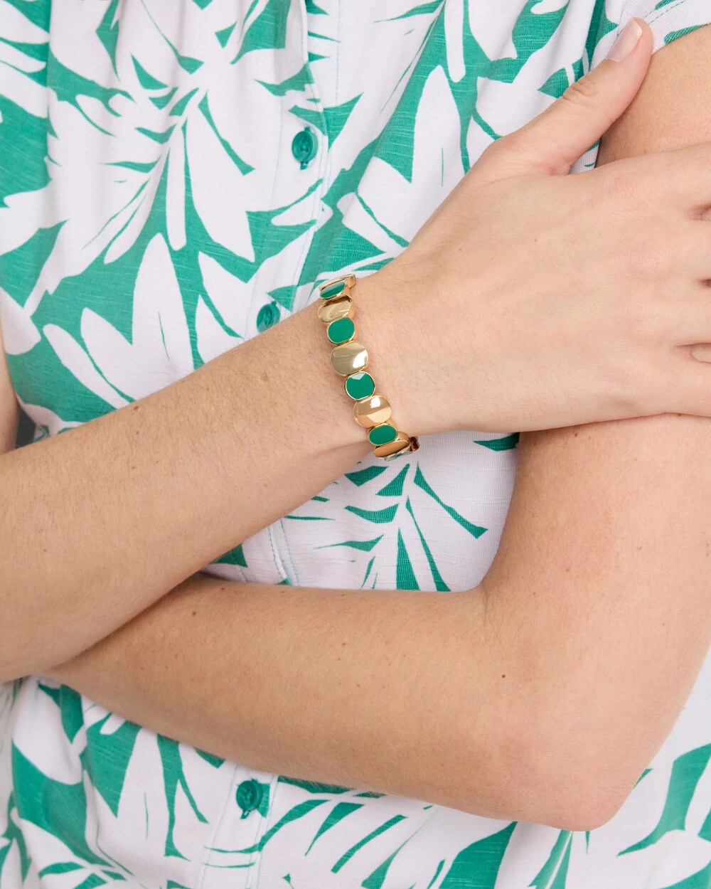 Chico's | Green Goldtone Glam Stretch Bracelet/ Green