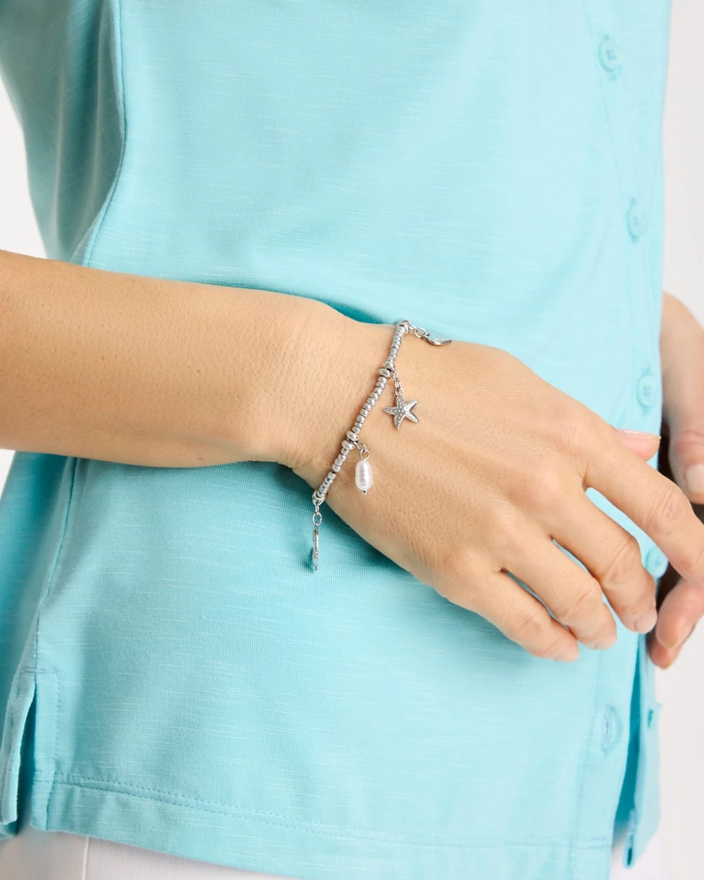 Chico's | Beachy Silvertone Stretch Charm Bracelet/ Silver