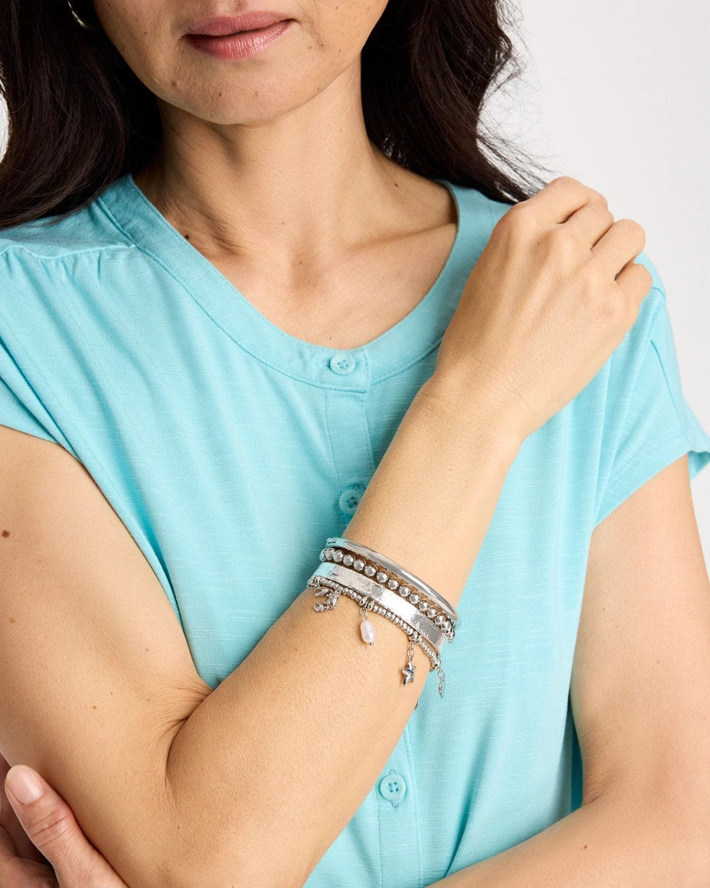 Chico's | Beachy Silvertone Stretch Charm Bracelet/ Silver
