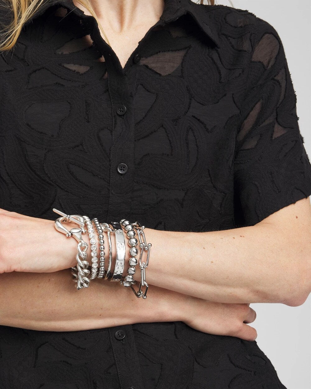 Chico's | Small Beaded Silver Tone Stretch Bracelet/ Silver
