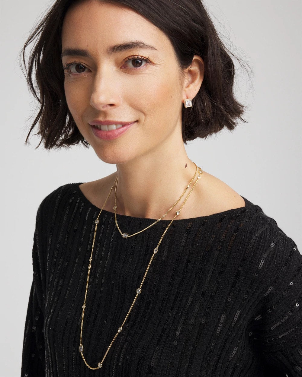 Chico's | Fine Crystal Long Chain Necklace/ Gold