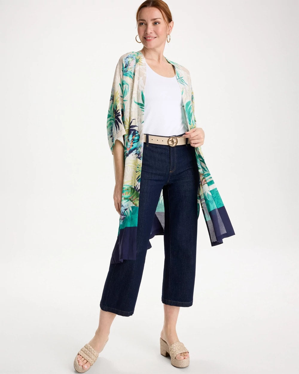Chico's | Printed Smocked Long Kimono/ Topanga Green