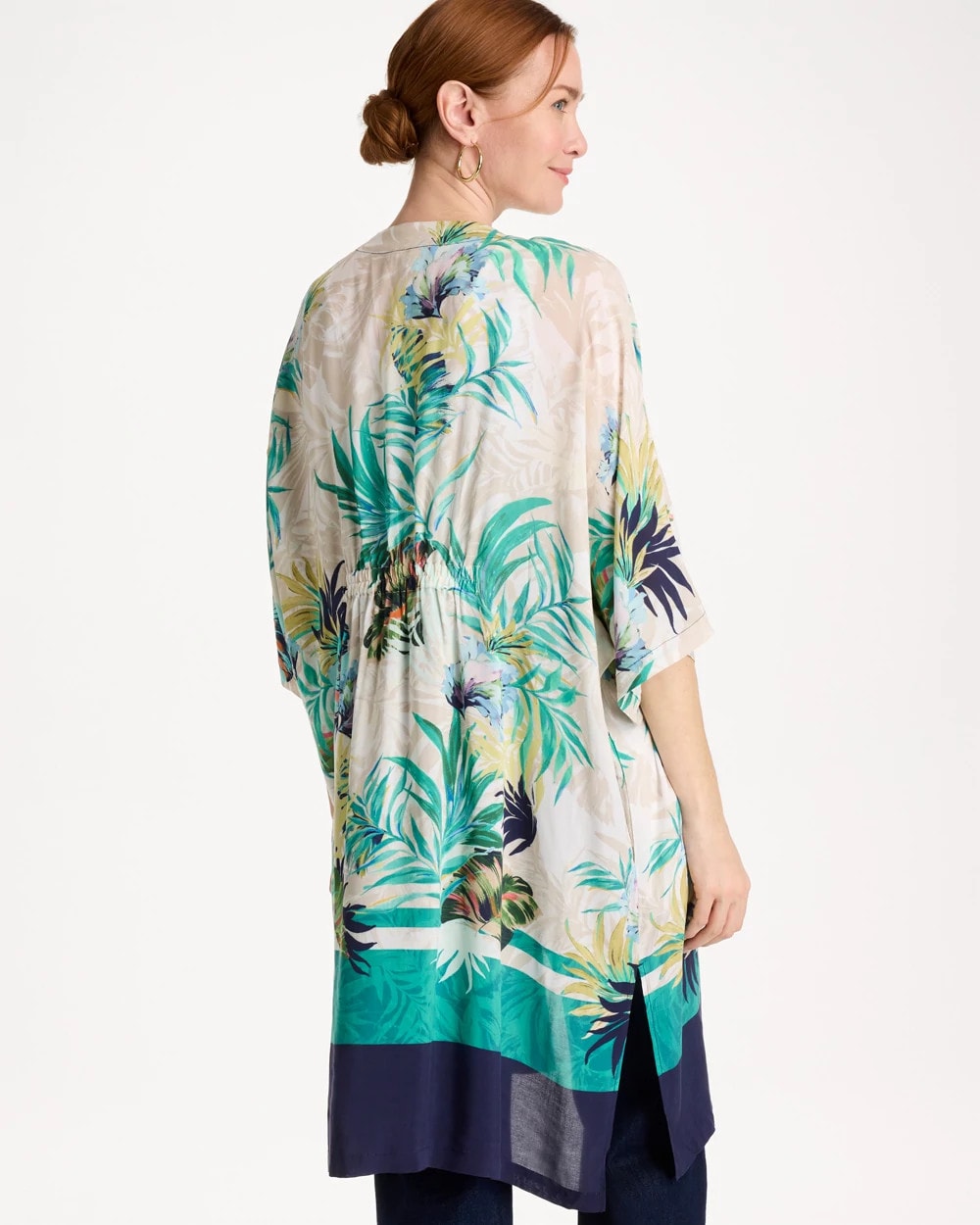 Chico's | Printed Smocked Long Kimono/ Topanga Green