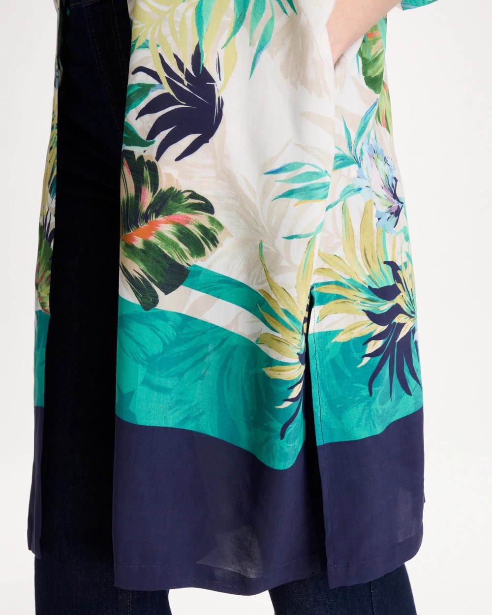 Chico's | Printed Smocked Long Kimono/ Topanga Green
