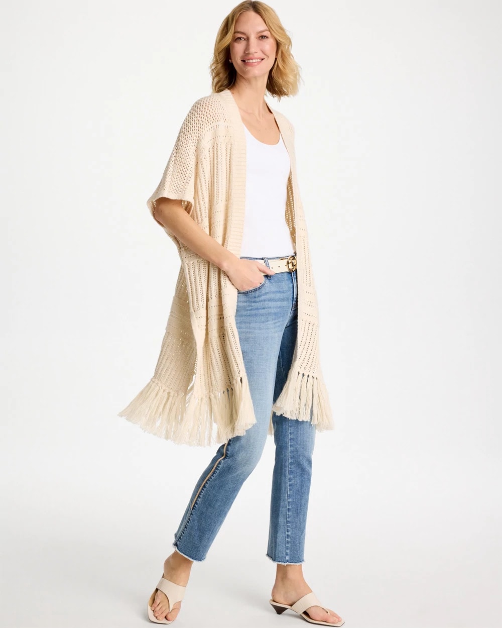 Chico's | Long Knit Fringe Ruana/ Cream