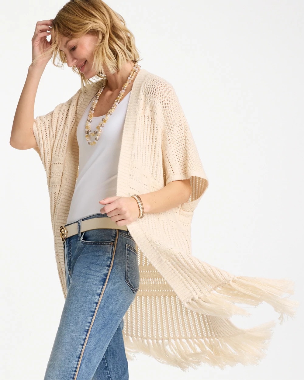 Chico's | Long Knit Fringe Ruana/ Cream