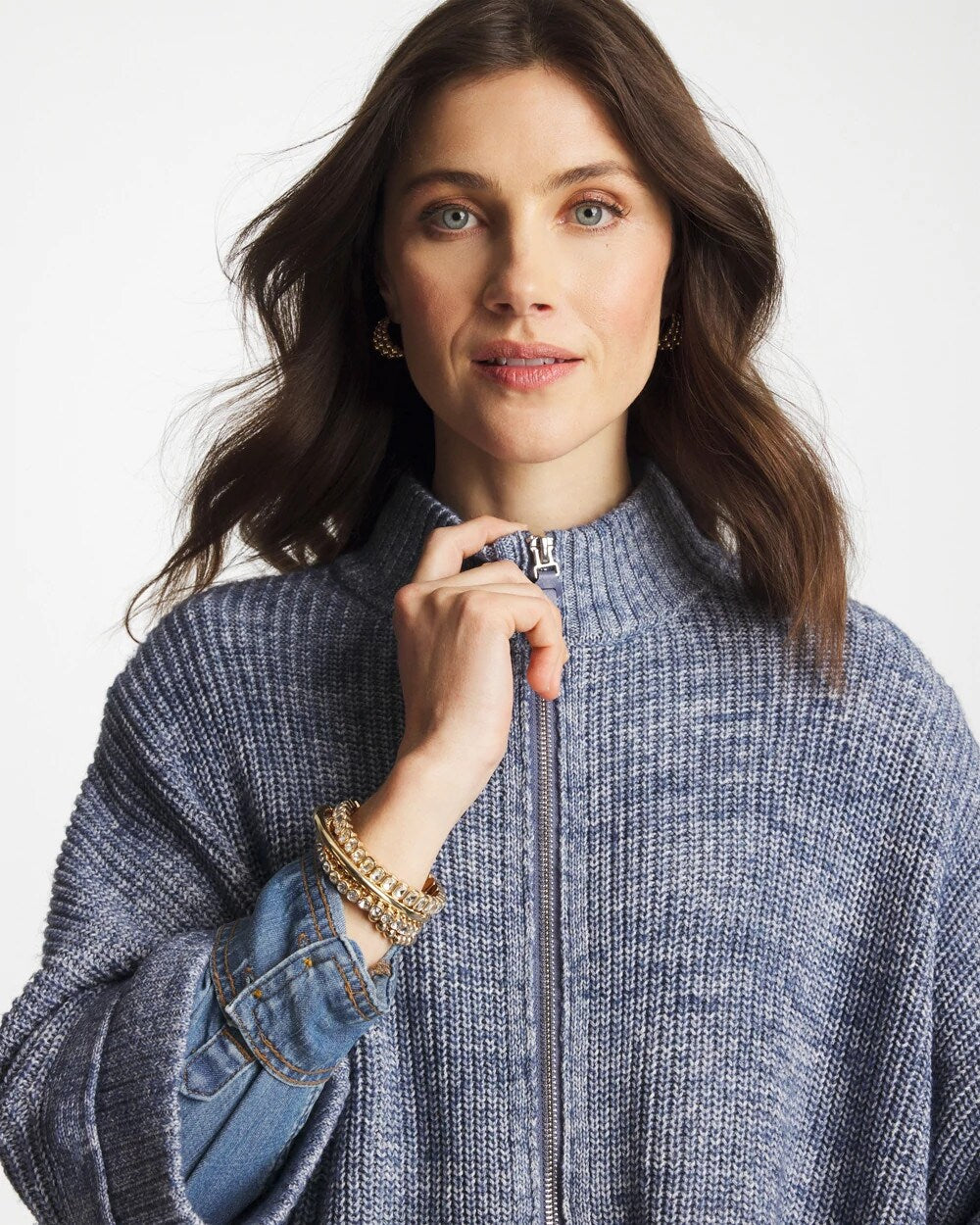 Chico's | Rounded Hem Zip-Front Ruana/ Indigo Sky Heather