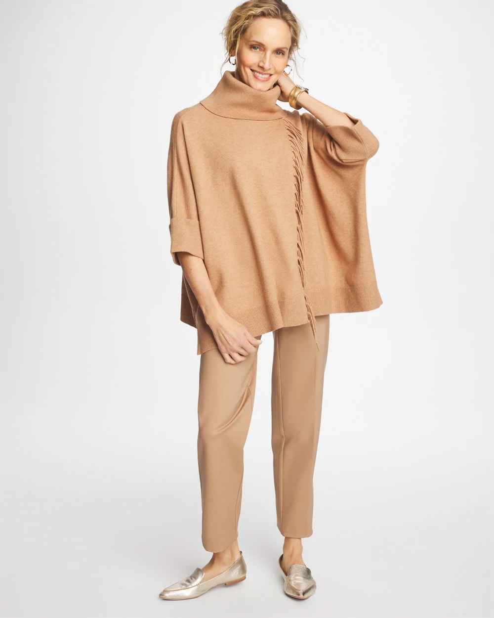 Chico's | Cowlneck Knit Fringe Poncho/ Faux Creme Coffee Heather