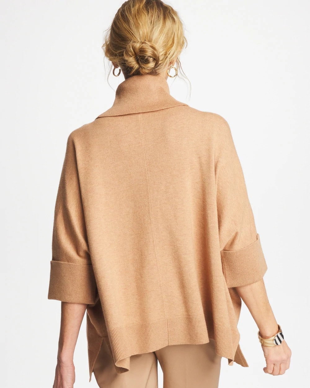 Chico's | Cowlneck Knit Fringe Poncho/ Faux Creme Coffee Heather