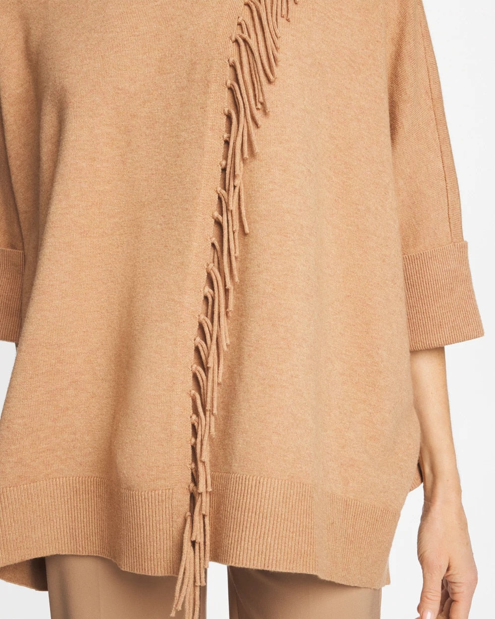 Chico's | Cowlneck Knit Fringe Poncho/ Faux Creme Coffee Heather