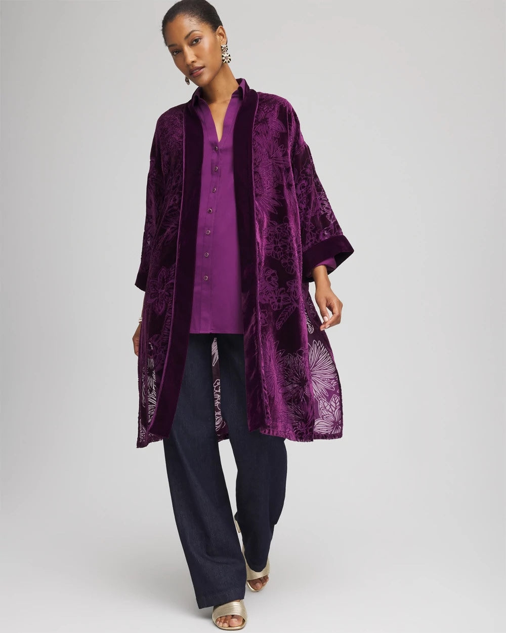 Chico's | Floral Burnout Kimono/ Purple Royale
