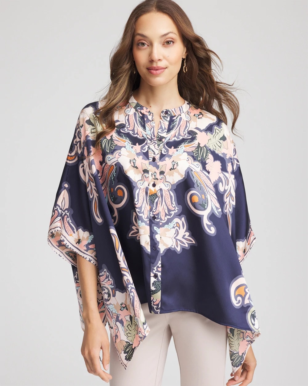 Chico's | Collarless Floral-Paisley Poncho/ Passport Blue