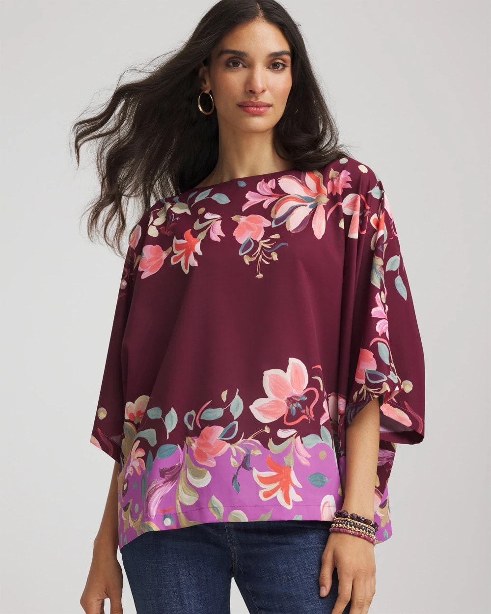 Chico's | Printed Boatneck Pullover Poncho/ Deep Chianti