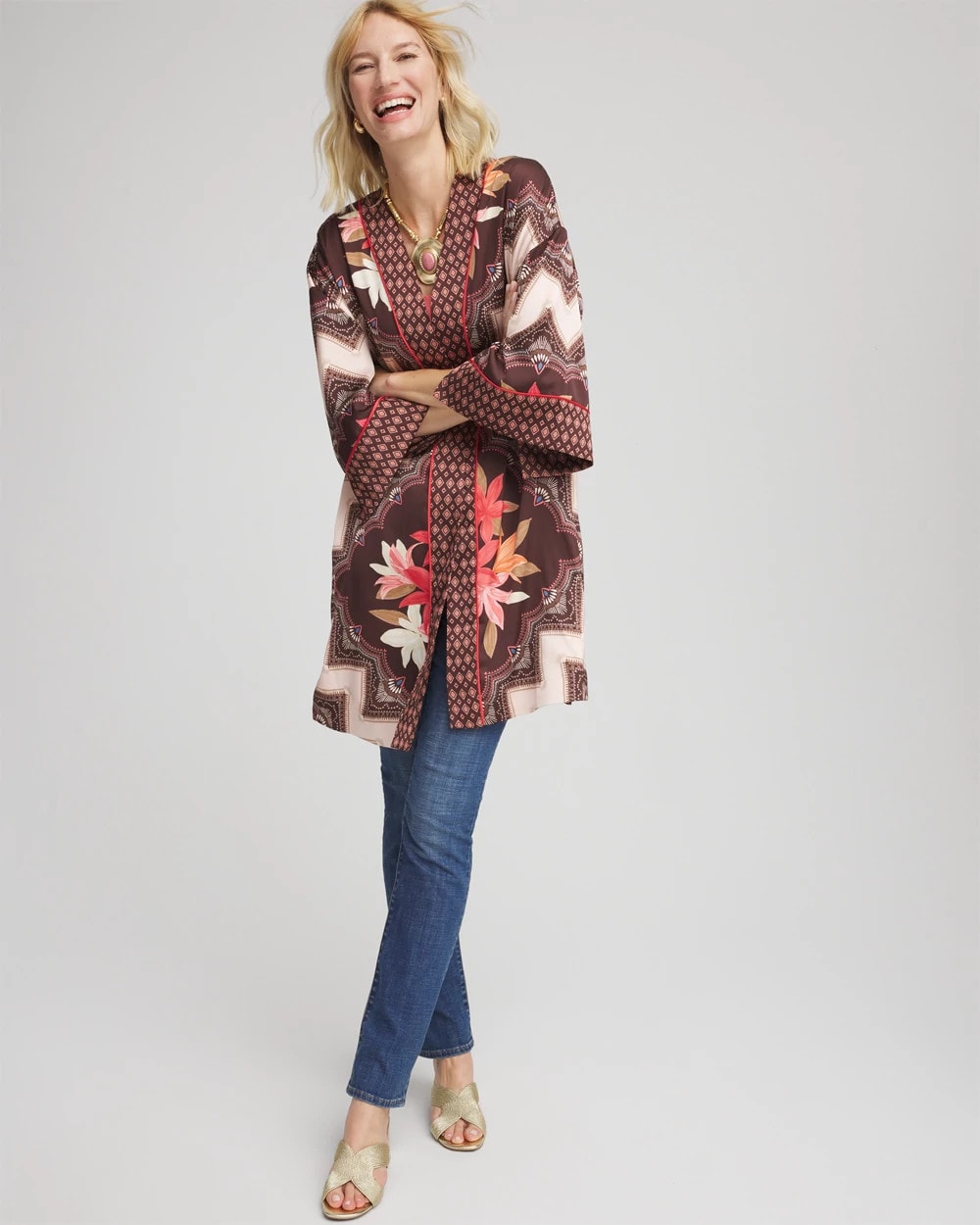 Chico's | Long Mixed-Print Kimono/ Cacao