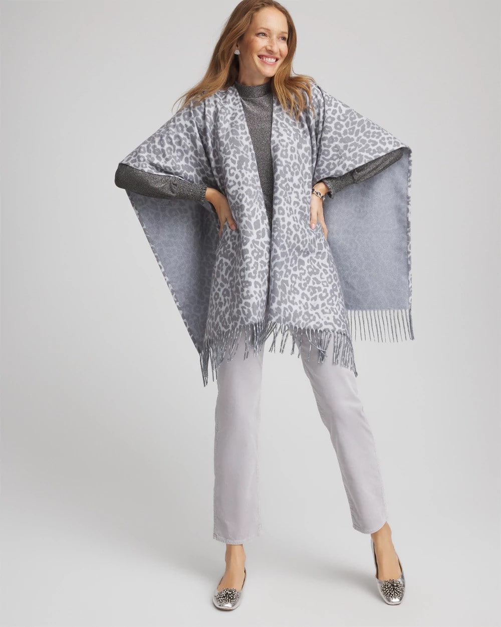 Chico's | Reversible Animal Print Fringe Ruana/ Storm Cloud