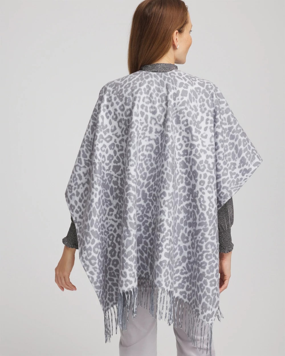 Chico's | Reversible Animal Print Fringe Ruana/ Storm Cloud