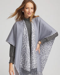 Chico's | Reversible Animal Print Fringe Ruana/ Storm Cloud