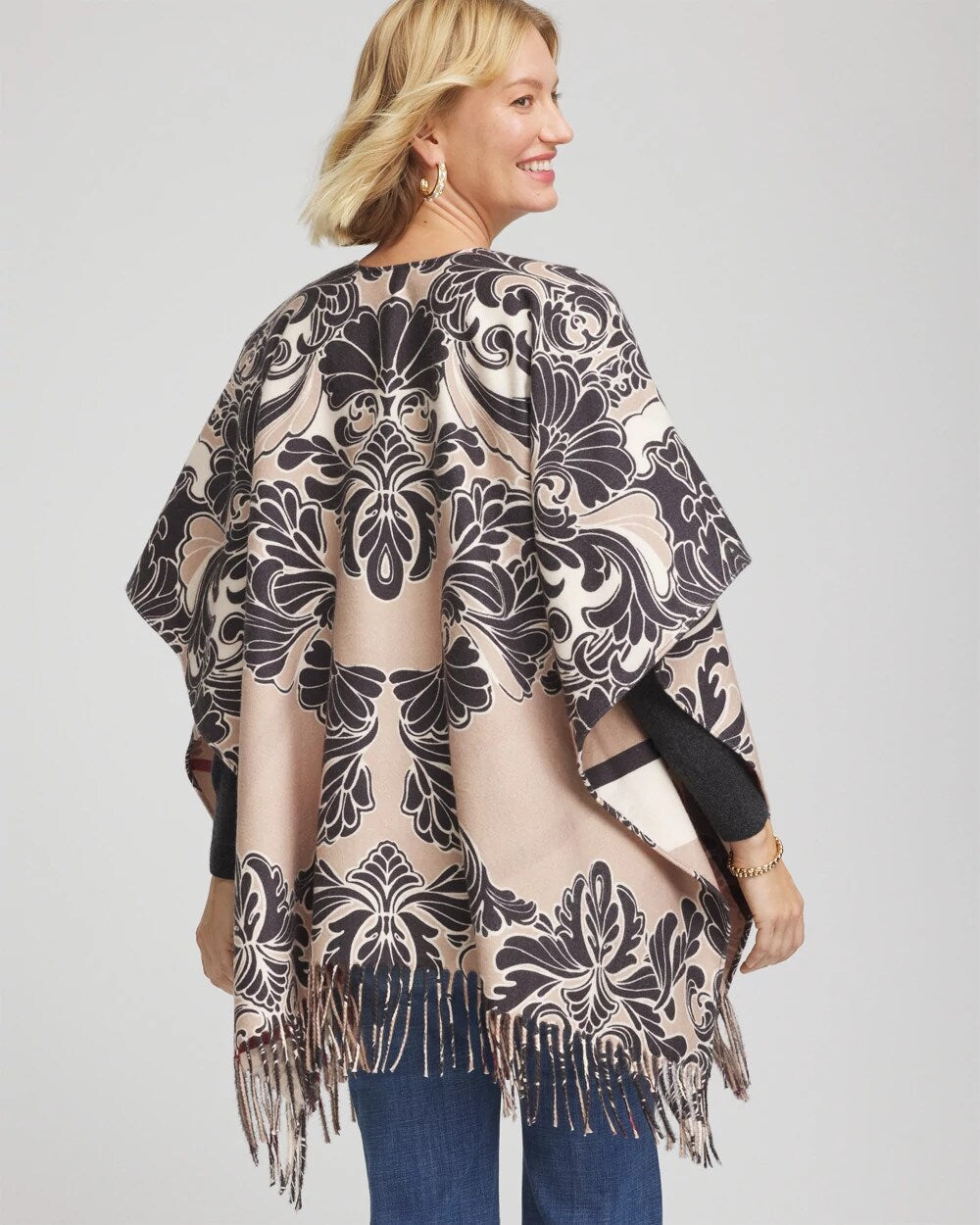 Chico's | Reversible Printed Fringe Ruana/ Champagne Fizz