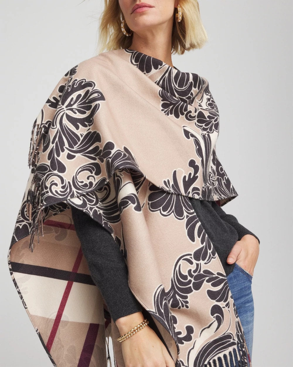 Chico's | Reversible Printed Fringe Ruana/ Champagne Fizz