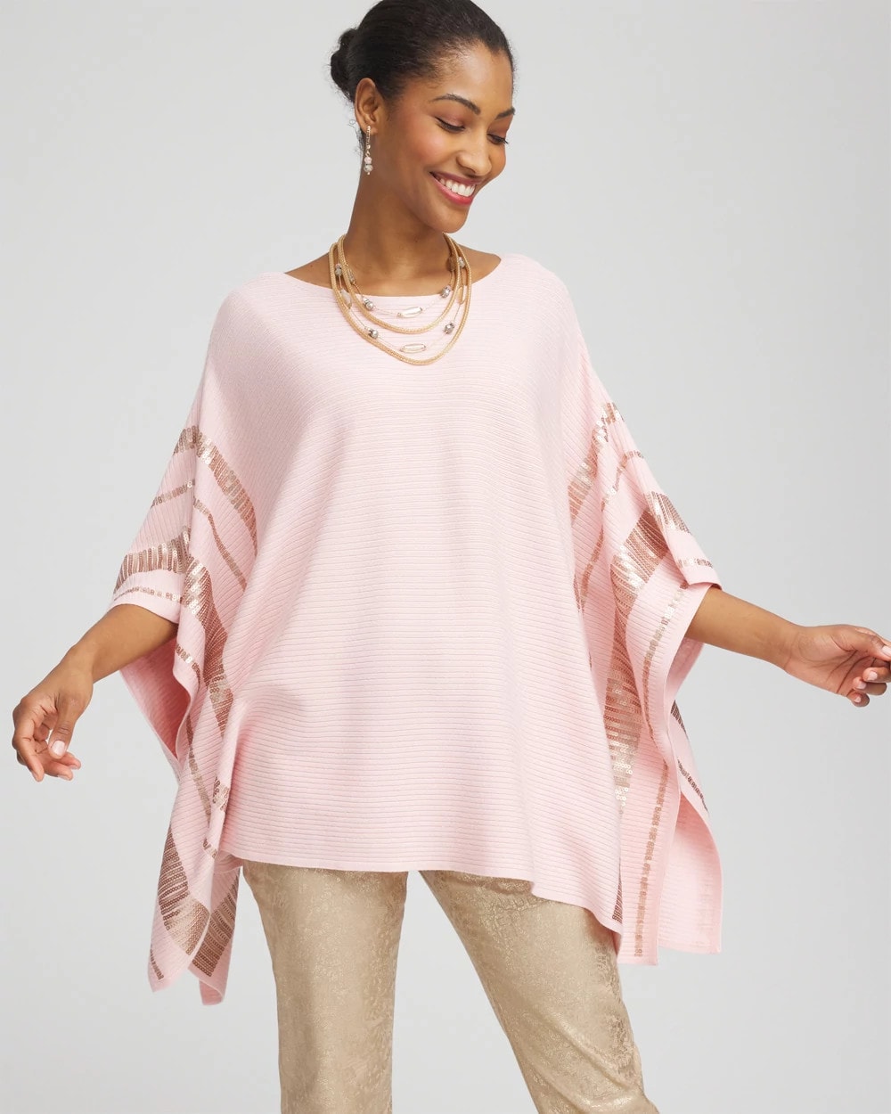 Chico's | Sequin Striped Sweater Poncho/ Blushed