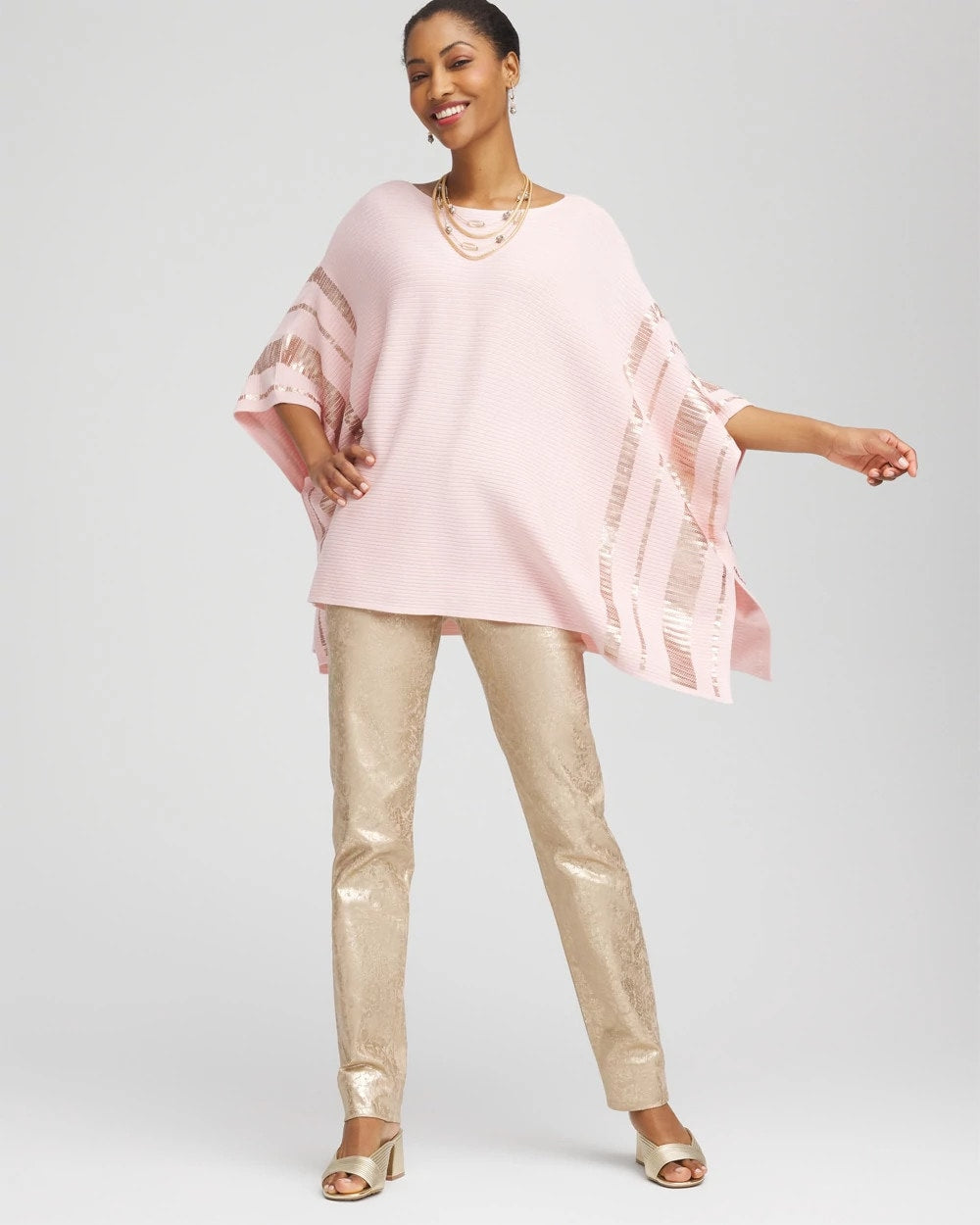 Chico's | Sequin Striped Sweater Poncho/ Blushed