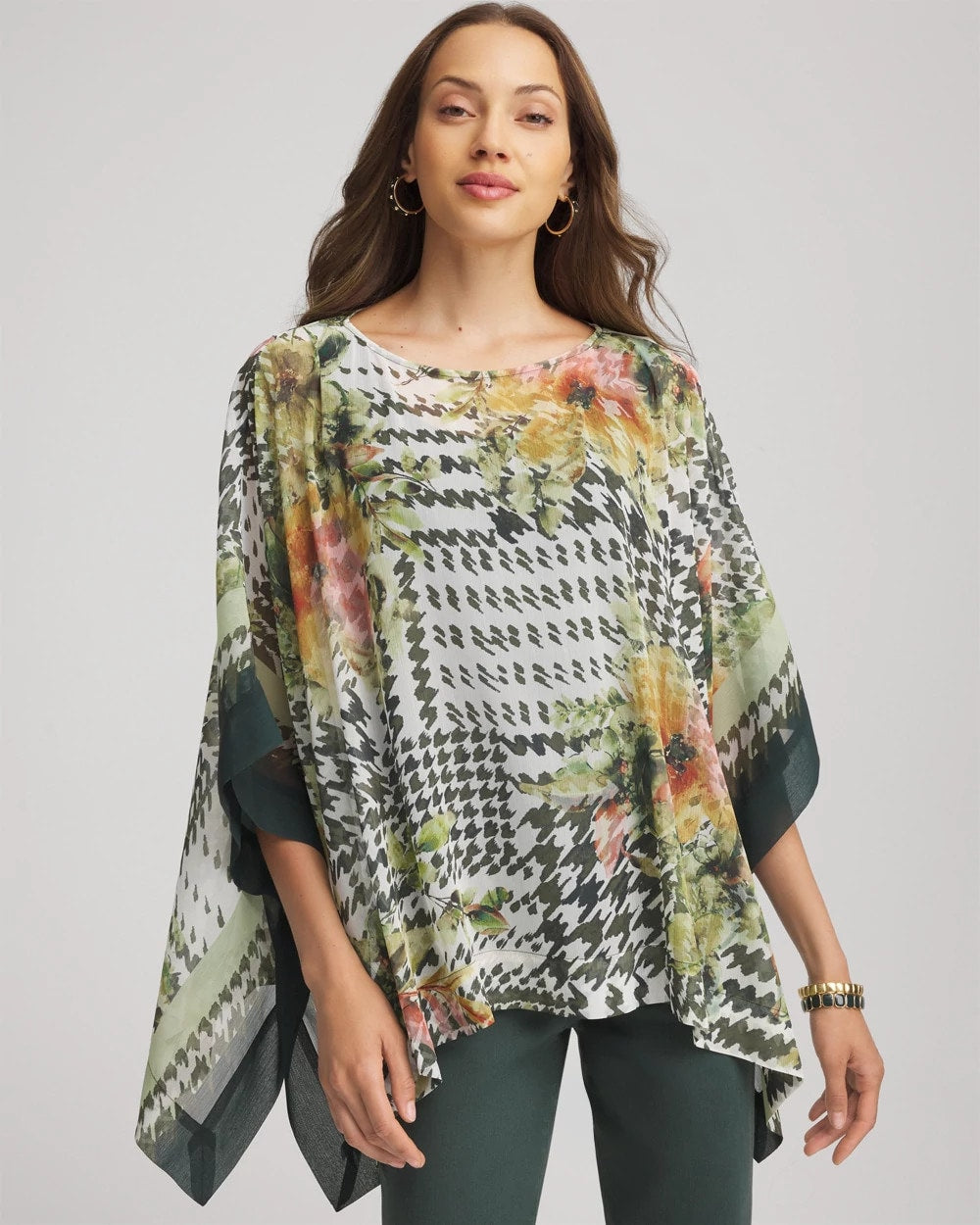 Chico's | Printed Crinkle-Chiffon Pullover Poncho/ Nettle Leaf