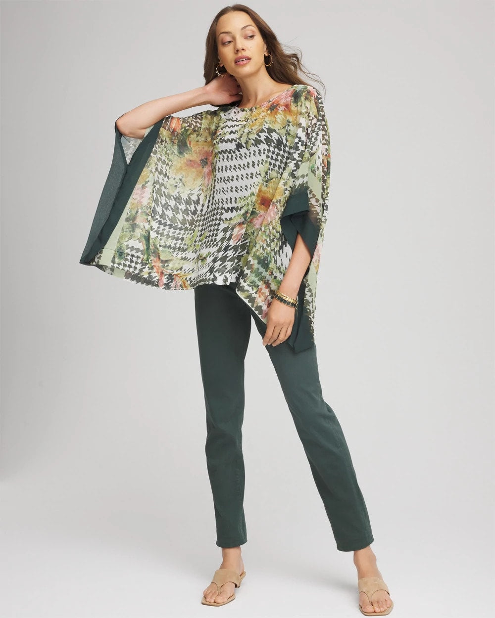 Chico's | Printed Crinkle-Chiffon Pullover Poncho/ Nettle Leaf