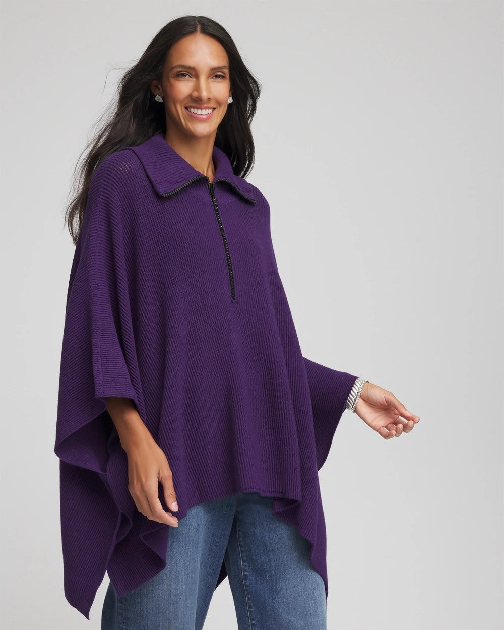 Chico's | Rhinestone Zip-Collar Sweater Poncho/ Purple Elixir