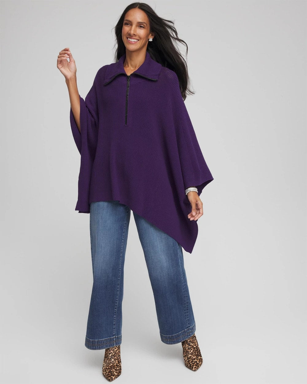Chico's | Rhinestone Zip-Collar Sweater Poncho/ Purple Elixir