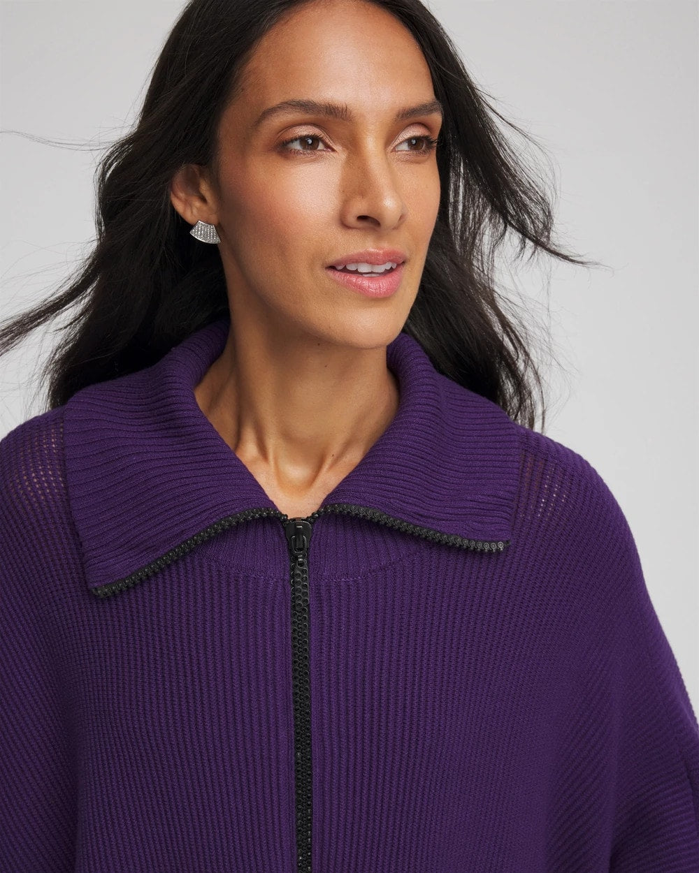 Chico's | Rhinestone Zip-Collar Sweater Poncho/ Purple Elixir