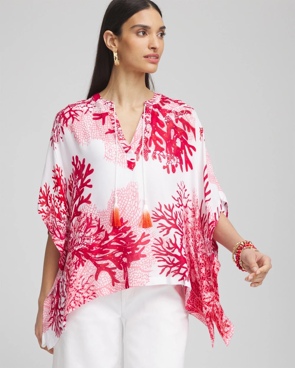 Chico's | Coral Reef Motif Poncho/ Red Glow