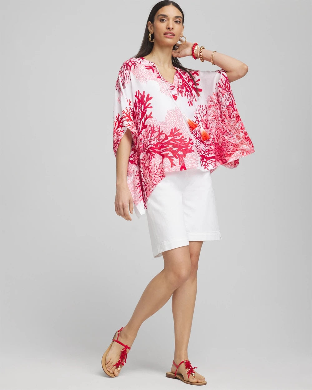 Chico's | Coral Reef Motif Poncho/ Red Glow