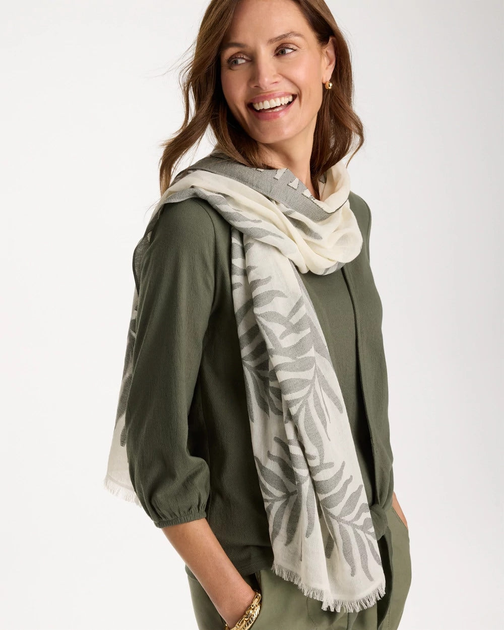 Chico's | Palm Embroidered Oblong Scarf/ White