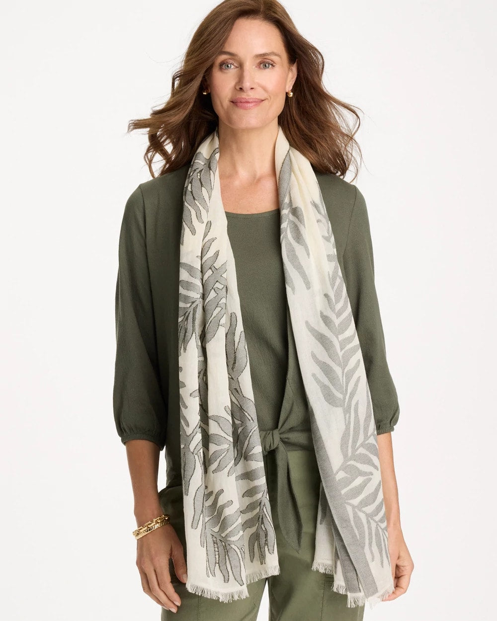 Chico's | Palm Embroidered Oblong Scarf/ White