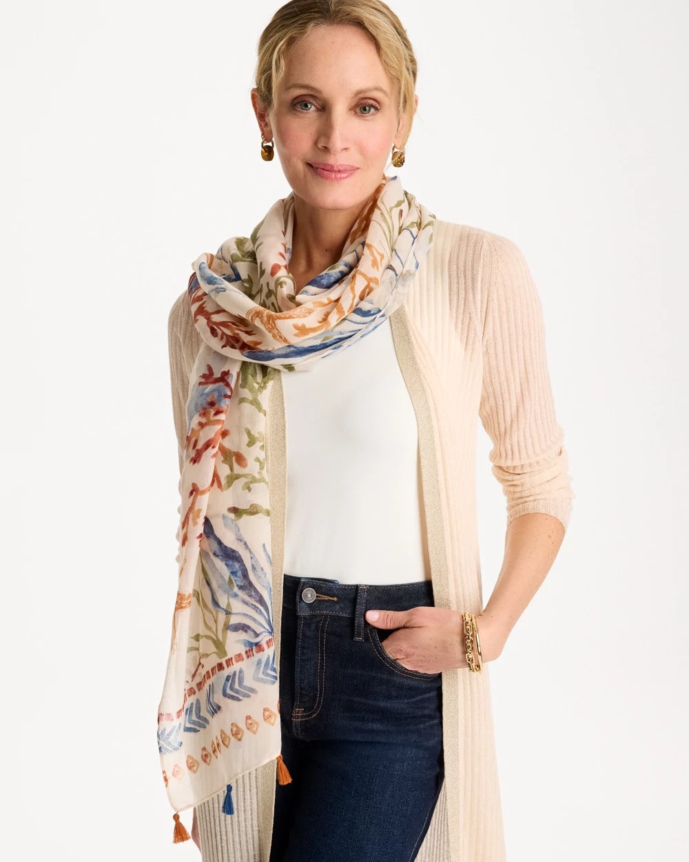 Chico's | Sea Life Tassel Oblong Scarf/ Olive