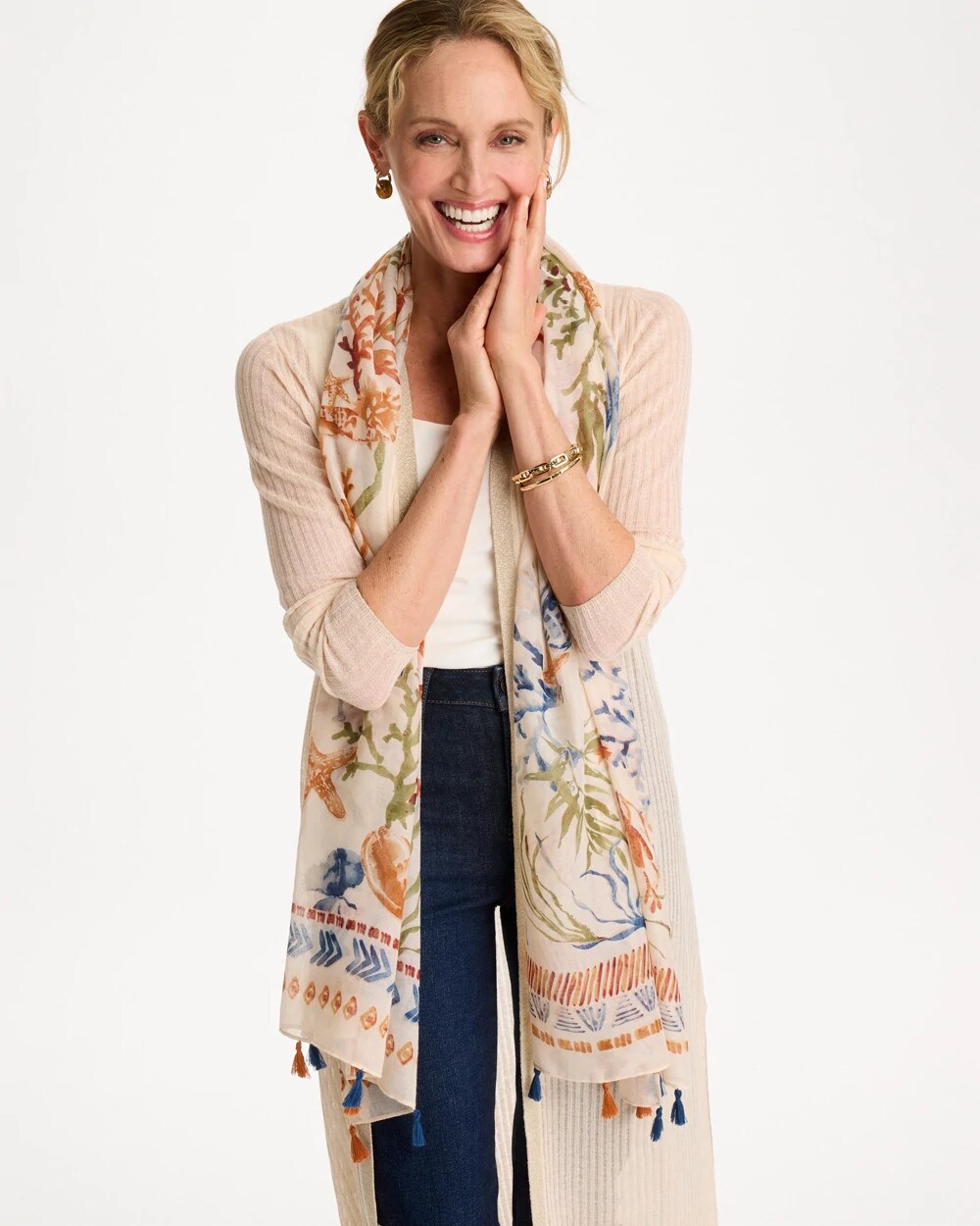 Chico's | Sea Life Tassel Oblong Scarf/ Olive