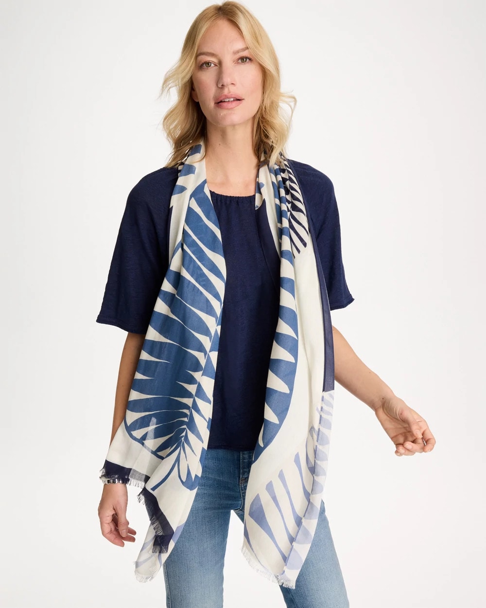 Chico's | Palm Frond Oblong Scarf/ Passport Blue