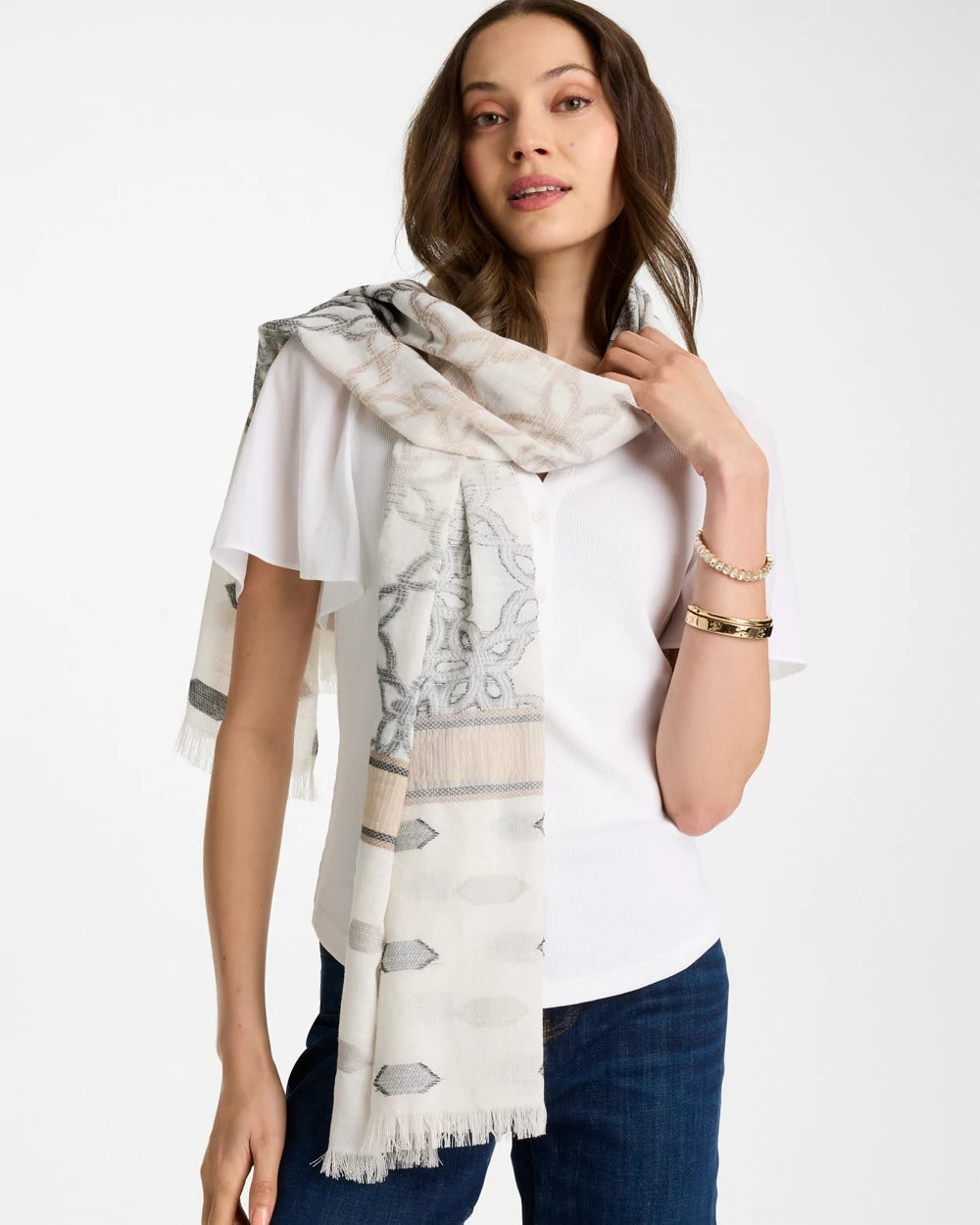 Chico's | Neutral Paisley Polka Dot Oblong Scarf/ Neutral