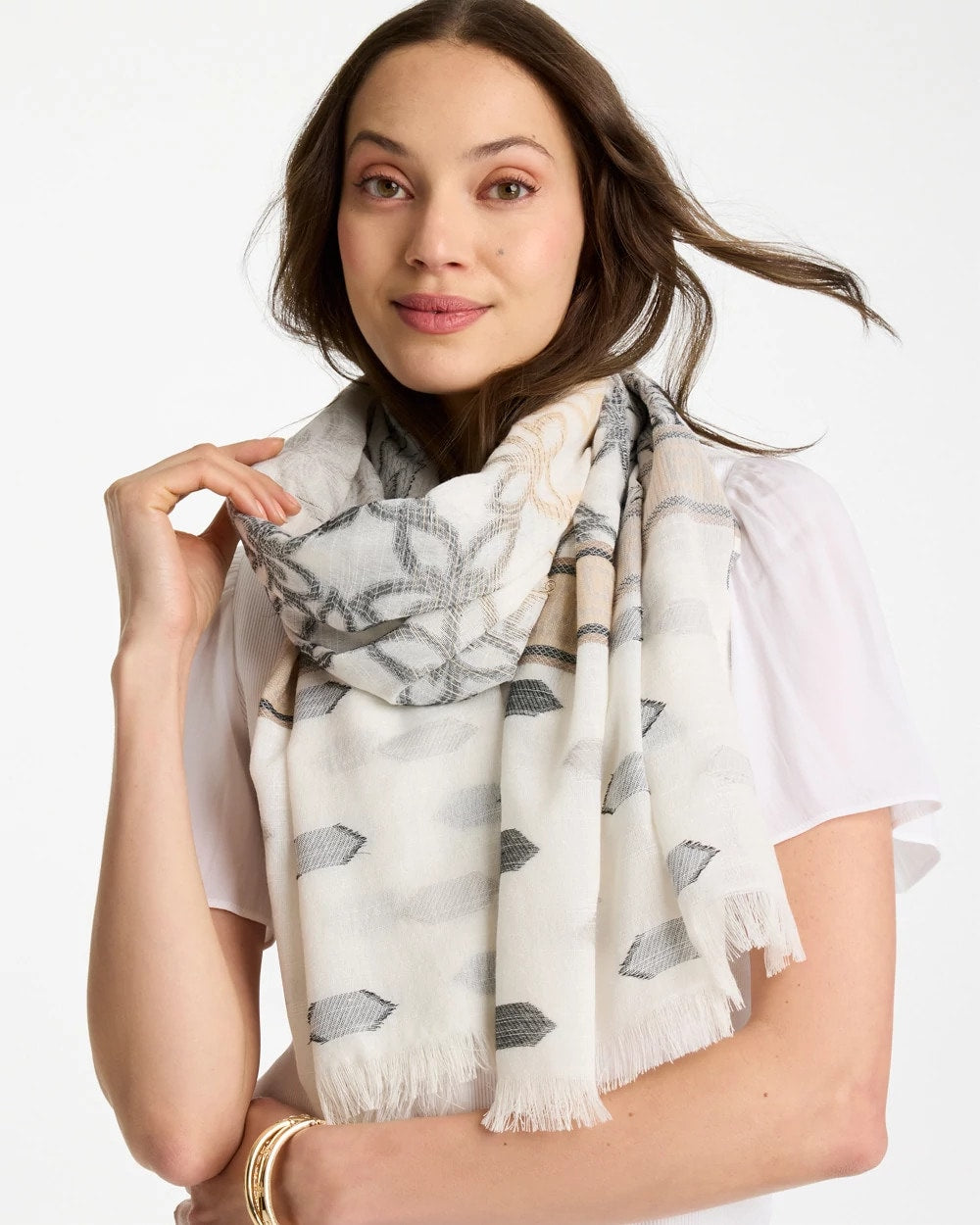 Chico's | Neutral Paisley Polka Dot Oblong Scarf/ Neutral