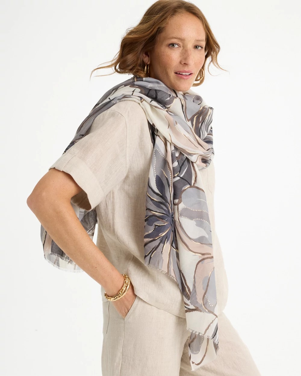 Chico's | Foiled Floral Oblong Scarf/ Neutral