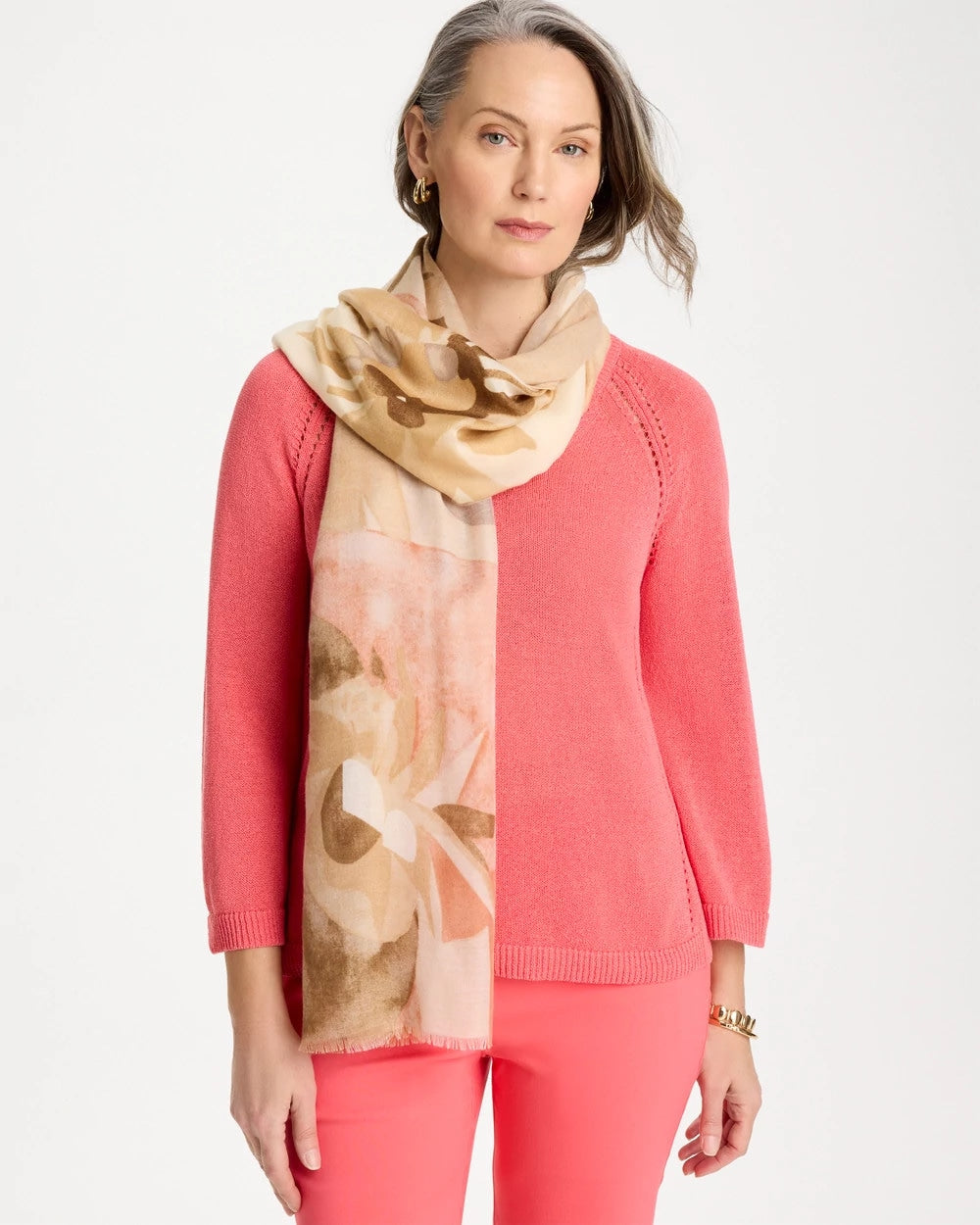 Chico's | Neutral Floral Oblong Scarf/ Neutral