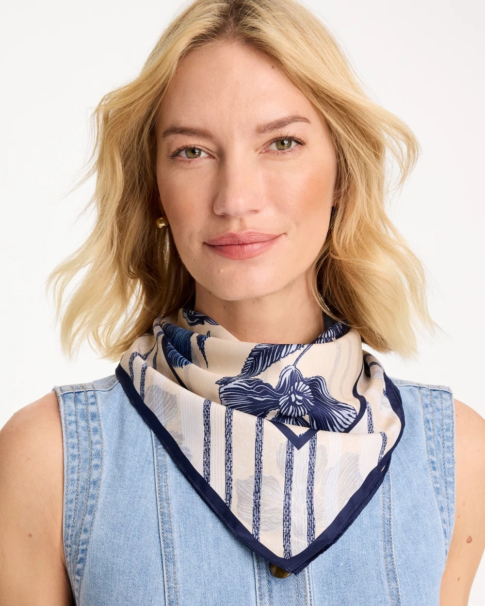 Chico's | Striped Floral Square Scarf/ Pale Sand