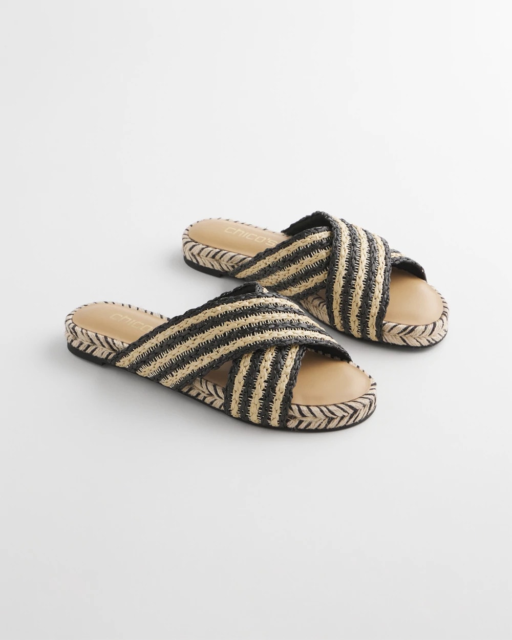 Chico's | Striped Raffia Cross-Strap Slide Sandal/ Black Raffia