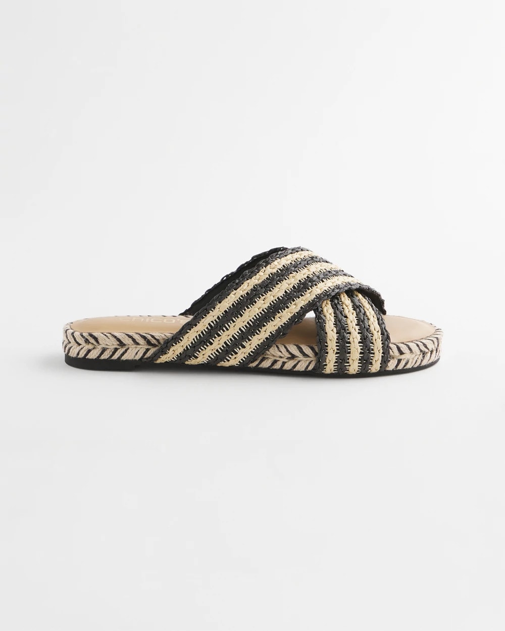 Chico's | Striped Raffia Cross-Strap Slide Sandal/ Black Raffia