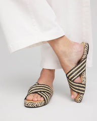 Chico's | Striped Raffia Cross-Strap Slide Sandal/ Black Raffia